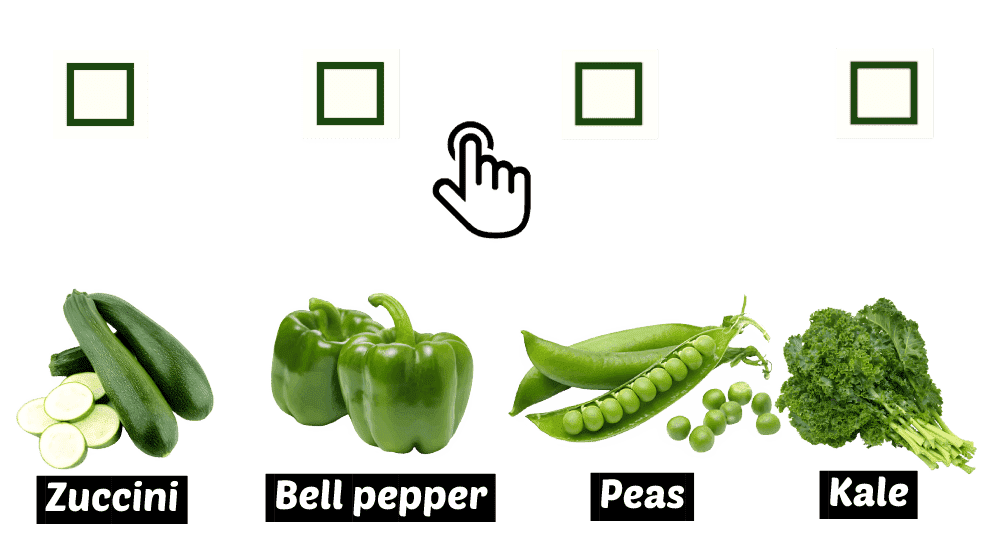 Zucchini, Bell, Pepper3, Peas, Kale